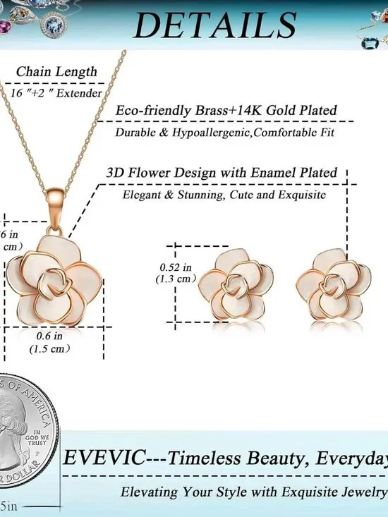 Rose Flower Necklace Earrings Set for Women 18K Gold Plated Hypoallergenic Jewel - Picture 4 of 8